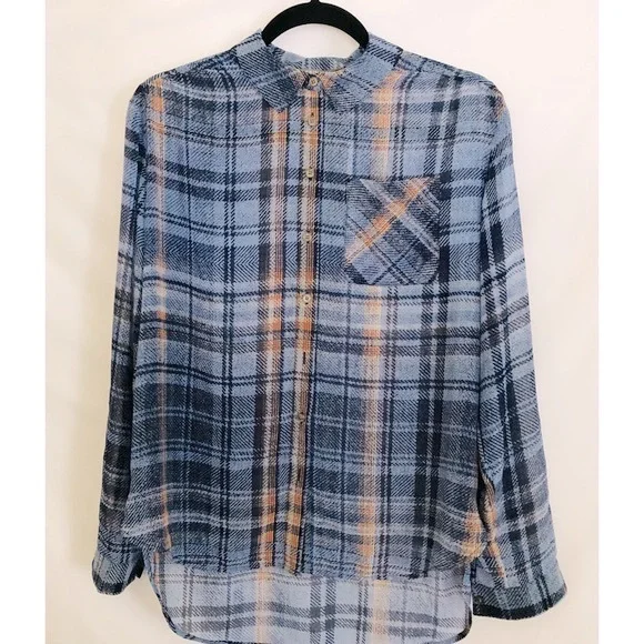 Blue Plaid Button Down Shirt Blouse Semi Sheer Roll Tab Sleeve Women Small New - Picture 4 of 8